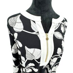 Anne Klein Midi Shift Dress Womens L Black Floral Textured 2 Tone Stretch A Line